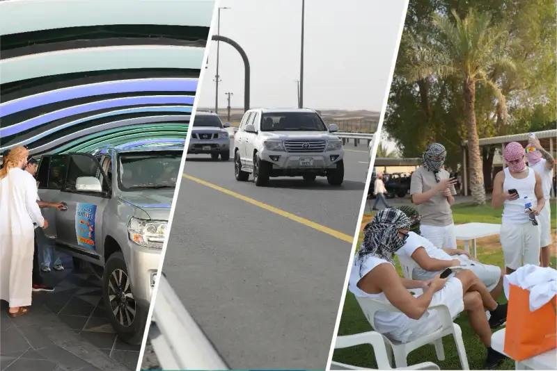 Hotel pickup vehicles and guests arriving at the meeting point