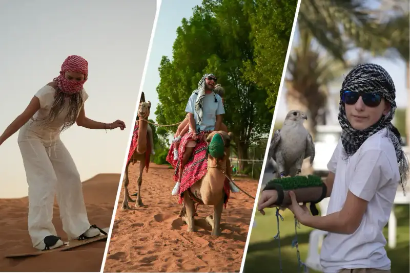 Sandboarding, camel riding and posing for a falcon photo